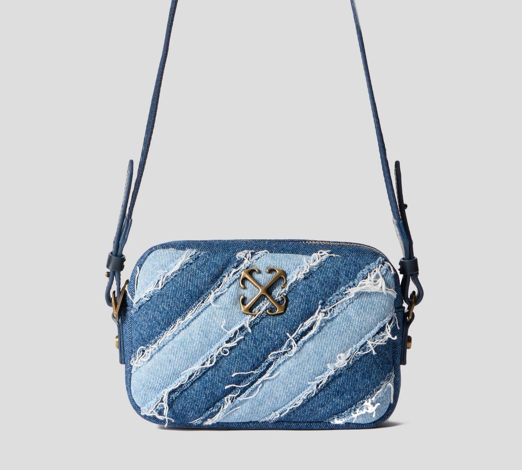 Off White - BANDOLERO DE JEAN DE UN COMPARTIMIENTO CON DESHILACHADO Y HEBILLA DE MARCA METALICA