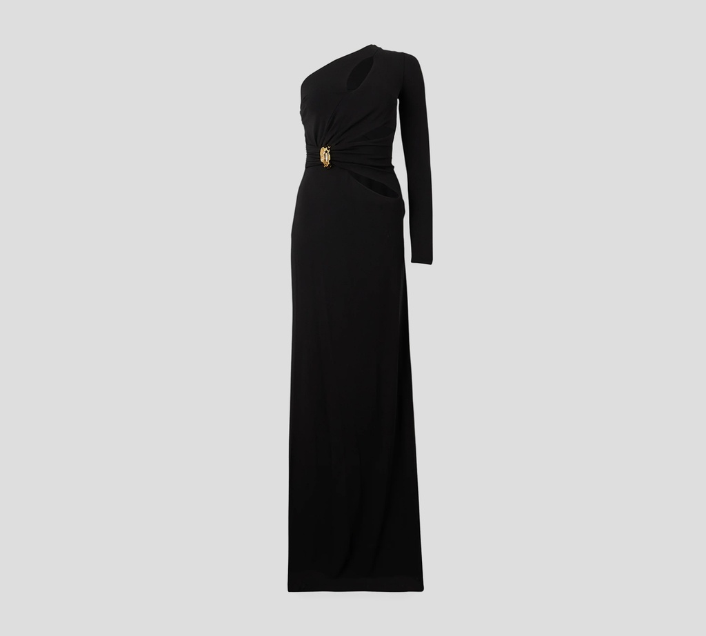 Elisabetta Franchi - VESTIDO NEGRO CON BROCHE DORADO Y HOMBRO DERECHO DESCUBIERTO