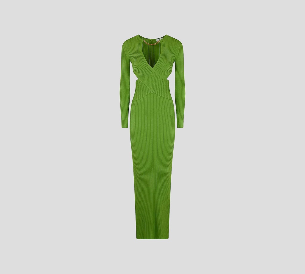 Elisabetta Franchi - VESTIDO VERDE ACANALADO MANGA LARGA CON DORADA EN EL CUELLO