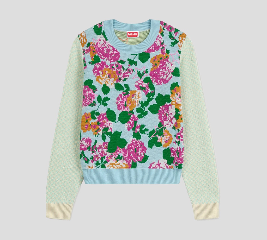 Kenzo - SWEATER AZUL CON BORDADOS EN FUCSIA, NARANJA Y VERDE