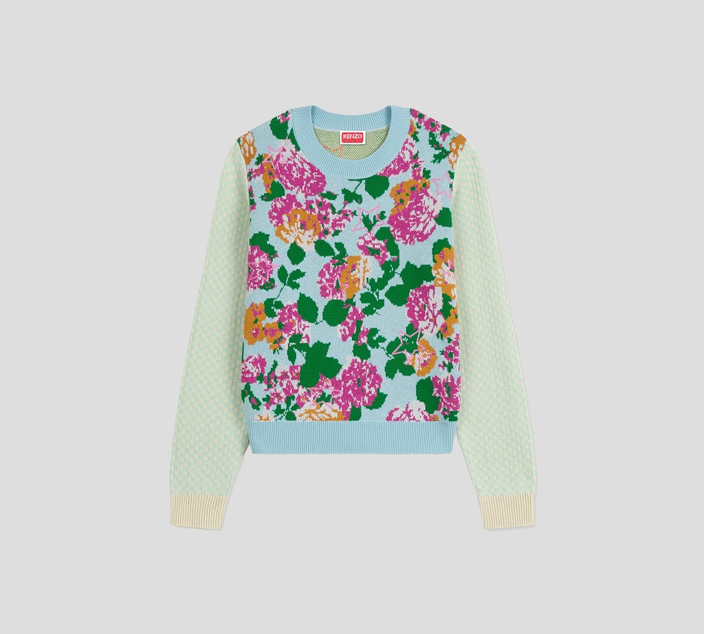 Kenzo - SWEATER AZUL CON BORDADOS EN FUCSIA, NARANJA Y VERDE