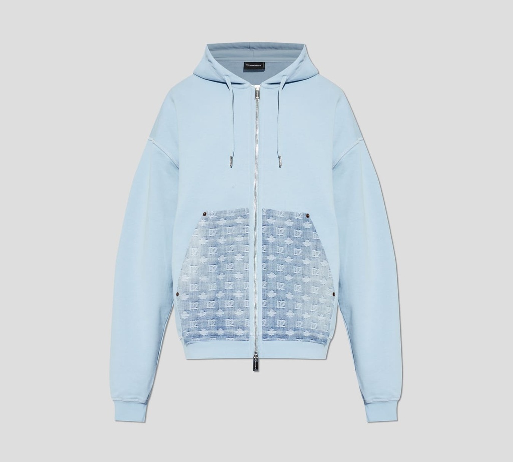 Dsquared2 - HOODIE AZUL CIELO CON BOLSILLOS DE JEAN Y CIERRE FRONTAL