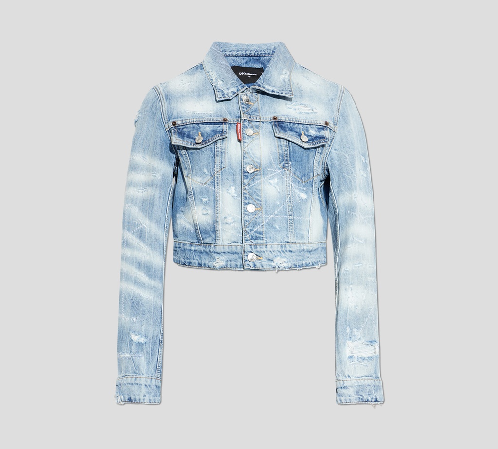 Dsquared2 - CHAQUETA DE JEAN CON ROTOS Y COSTURAS EN BLANCO