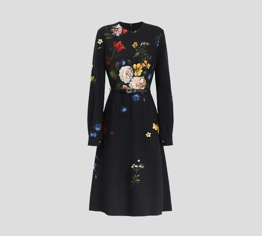 [15696-001847] Elie, Saab - VESTIDO MIDI MANGA LARGA EN CREPÉ CON ESTAMPADO DE FLORES