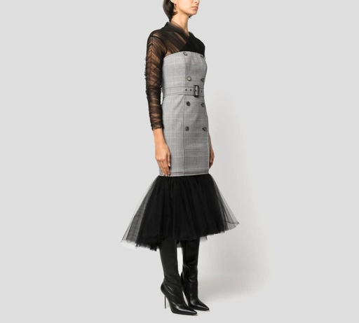[A0417-5546-2555] Moschino - VESTIDO EN TELA DE TUL Y CUADROS CON CINTURÓN