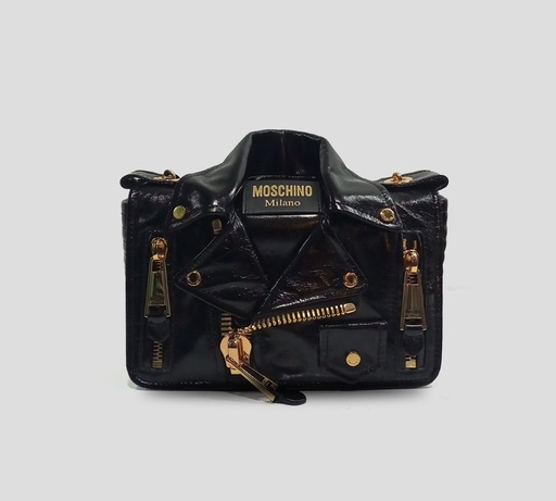 [A7482-8006-0555] Moschino - CARTERA "BIKER" EN CUERO BRILLANTE DESGASTADO