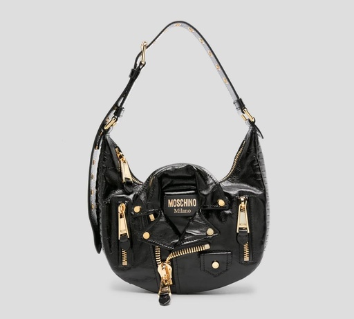 [A7483-8006-0555] Moschino - CARTERA "BIKER" MEDIA LUNA EN CUERO BRILLANTE DESGASTADO