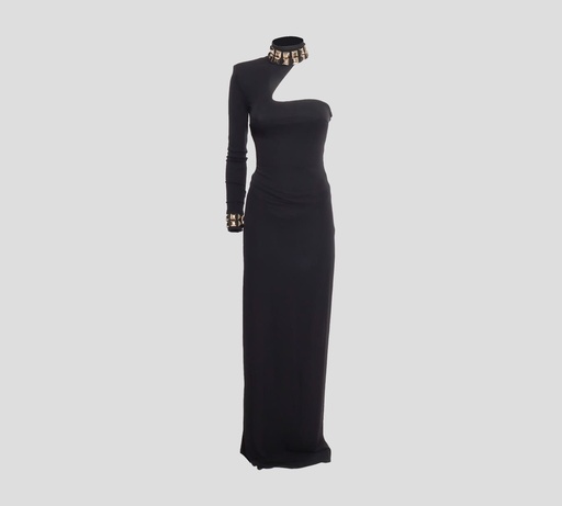 [AB29327E2-V700-110] Elisabetta Franchi - VESTIDO DE GALA ASIMÉTRICO DE CUELLO ALTO CON DETALLES METÁLICOS
