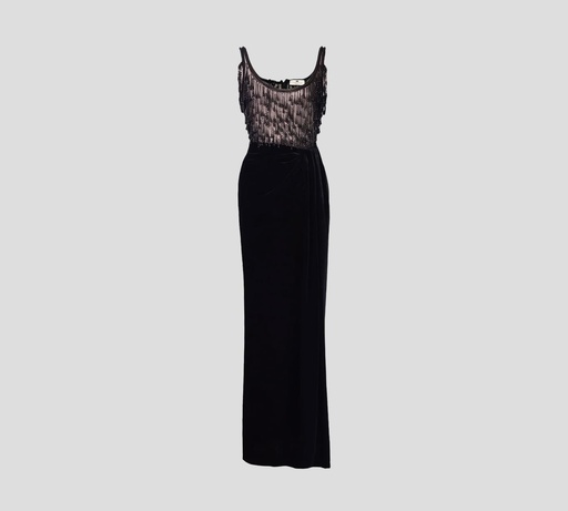 [AB44537E2-V800-110] Elisabetta Franchi - VESTIDO EN TERCIOPELO CON TOP DE TUL Y ADORNOS EN CAIDA DE LLUVIA