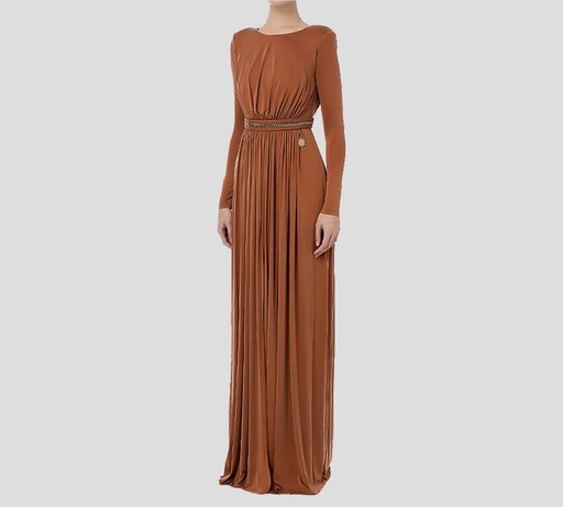 [AB45632E2-V780-600] Elisabetta Franchi - VESTIDO LARGO CON MANGA LARGA Y DETALLE DE CADENA METÁLICA