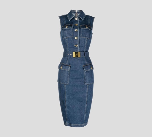 [AJ26D26E2-V680-104] Elisabetta Franchi - VESTIDO DE JEAN CEÑIDO HASTA LA RODILLA CON CINTURON