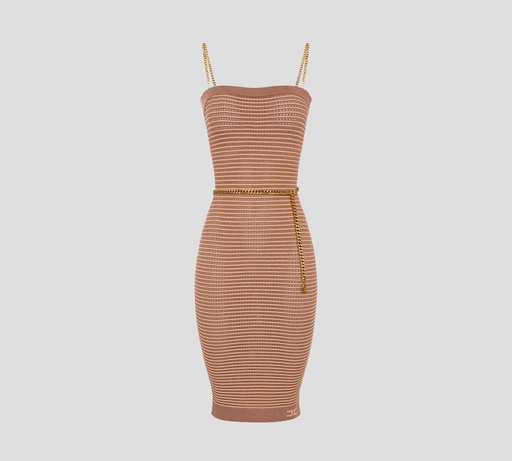 [AM91S22E2-V400-AP3] Elisabetta Franchi - VESTIDO DE PUNTO CON TIRAS Y CINTURÓN DE CADENA DORADA