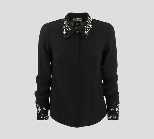 Elisabetta Franchi - BLUSA MANGA LARGA CON PEDRERIA EN CUELLO Y MANGAS