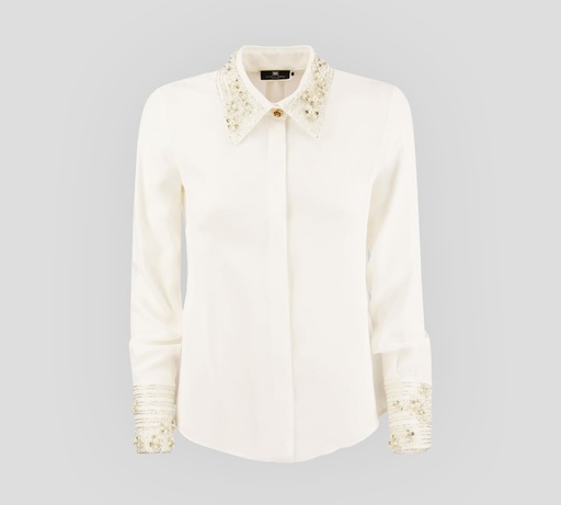 [CA04627E2-V400-360] Elisabetta Franchi - BLUSA MANGA LARGA CON PEDRERIA EN CUELLO Y MANGAS