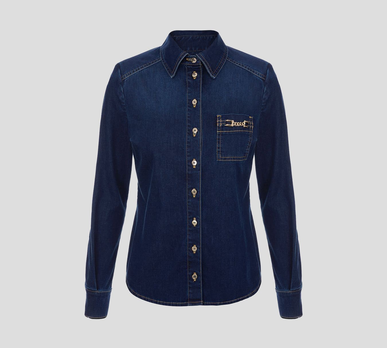 Elisabetta Franchi - CAMISA DE DENIM MANGA LARGA CON APLIQUE DE CADENA