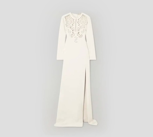 [D0063-W0001-CD002] Elie Saab - VESTIDO LARGO MANGA LARGA CON ABERTURA EN FALDA Y TROQUEL INSIGNIA SOBRE EL PECHO