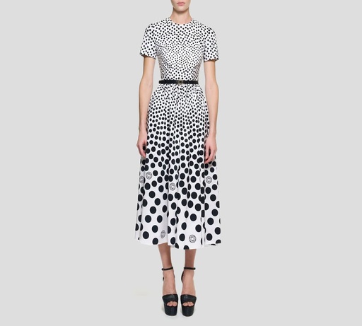 [D0235PS24-PR010-TA002] Elie Saab - VESTIDO MIDI DE TAFETÁN CON CINTURÓN, ESTAMPADO DE LUNARES