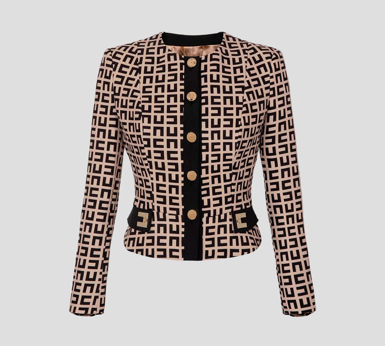 Elisabetta Franchi - BLAZER PEPLUM CORTO ABOTONADO HASTA EL CUELLO CON ESTAMPADO DE LOGO