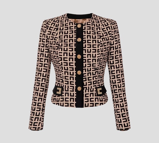 [GI04131E3-V550-468] Elisabetta Franchi - BLAZER PEPLUM CORTO ABOTONADO HASTA EL CUELLO CON ESTAMPADO DE LOGO