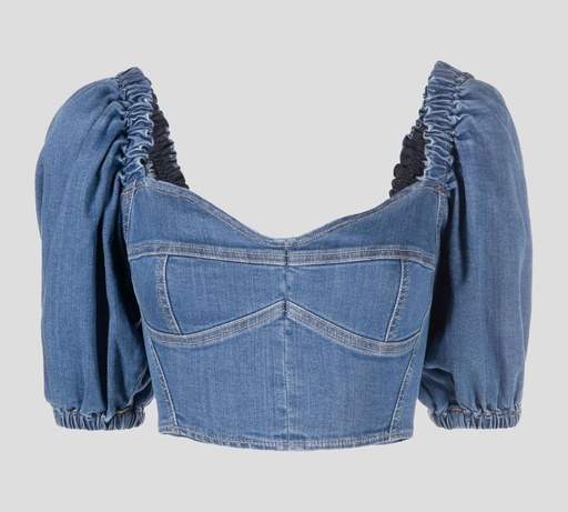 [JT01S21E2-V270-104] Elisabetta Franchi - TOP DE JEAN CON ESCOTE BUSTIER Y MANGAS ABULLONADAS