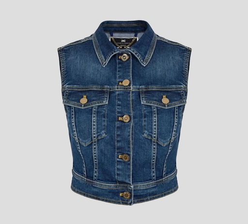 [LJ11D21E2-V390-104] Elisabetta Franchi - CHALECO DE JEAN TALLE CORTO ABOTONADO AL FRENTE