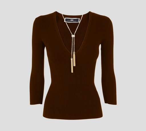 Elisabetta Franchi - JERSEY DE PUNTO MARRON CON CADENA DORADA