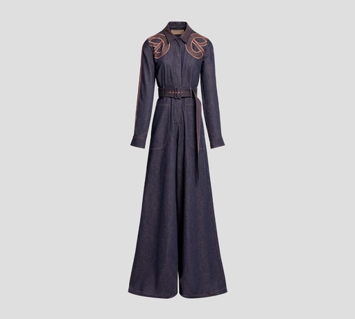 Elie Saab - JUMPSUIT MANGA LARGA DE JEAN CON BORDADOS SOBRE EL TOP