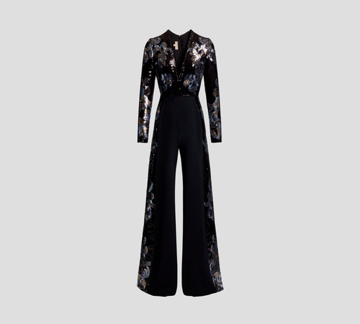 [JU062NF24-BKX01-PA005] Elie Saab - JUMPSUIT DE LENTEJUELAS Y CINTURÓN CON ESCOTE PRONUNCIADO