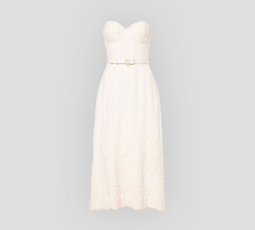 [D0391NF24-W0001-CDE01] Elie Saab - VESTIDO OFF WHITE STRAPLESS CON DETALLES BORDADOS Y CINTURÓN