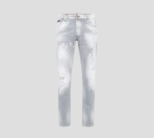 Philipp Plein - SKINNY JEANS PRELAVADOS CON MANCHAS DE PINTURA Y EMOJI DE FUEGO
