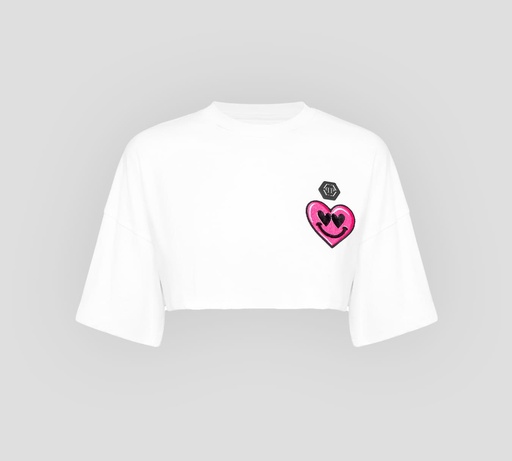 Philipp Plein - CROP TOP OVER SIZE CON BORDADO DE CORAZÓN SOBRE EL PECHO