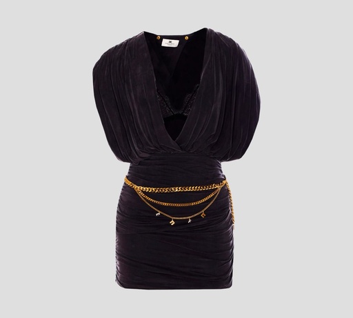 Elisabetta Franchi - VESTIDO CORTO DE PUNTO DE CUPRO CON CINTURÓN DE CADENA Y BRALETTE