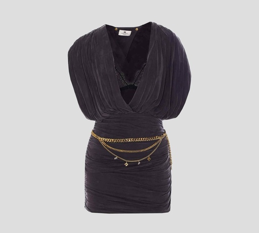 [AB76551E2-DC3] Elisabetta Franchi - VESTIDO CON CINTURÓN DE CADENA DORADA Y BRALETTE