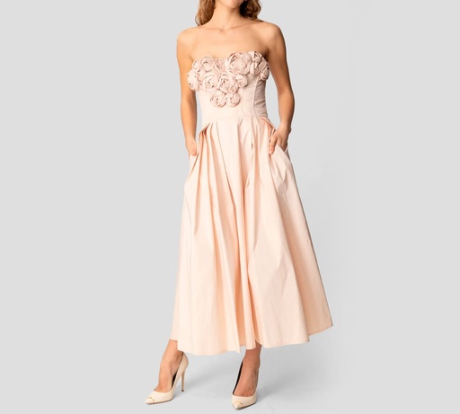 [AB77752E2-AR6] Elisabetta Franchi - VESTIDO EN GABARDINA CON ROSAS BORDADAS SOBRE ESCOTE