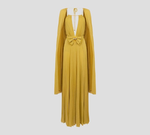 [ABR1351E2-DC6] Elisabetta Franchi - VESTIDO VERDE CON LAZO Y BROCHE DORADO