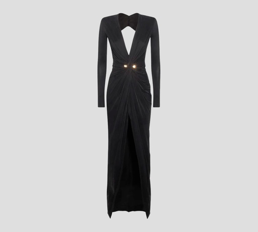 Elisabetta Franchi - VESTIDO DE GALA EN JERSEY CUPRO CON DRAPEADO FRONTAL Y ESPALDA DESCUBIERTA