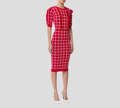 Elisabetta Franchi - VESTIDO JACQUARD CON PATRÓN DE LOGO Y VOLANTES