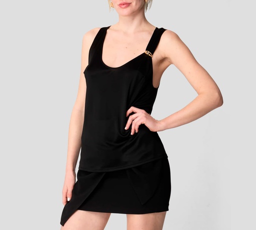 [CN00151E2-110] Elisabetta Franchi - BLUSA NEGRA CON PIN DORADO
