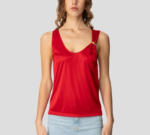 Elisabetta Franchi - BLUSA SIN MANGAS DE JERSEY BRILLANTE CON PIN DORADO