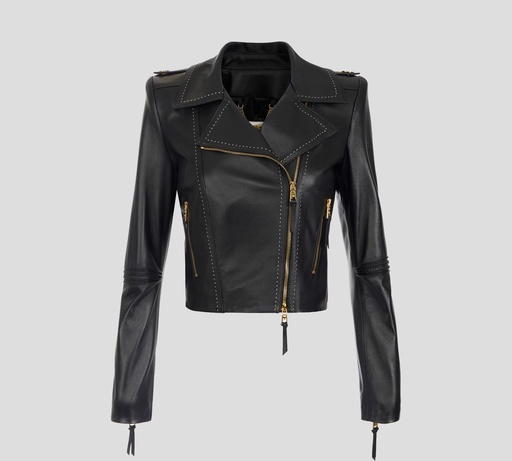 [GD47Z51E2-110] Elisabetta Franchi - CHAQUETA DE CUERO NEGRO CON COSTURAS EN BLANCO