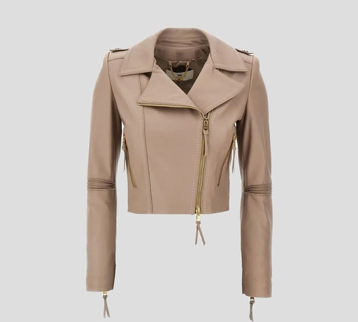 Elisabetta Franchi - CHAQUETA DE CUERO BIKER CON COSTURAS CONTRASTANTES