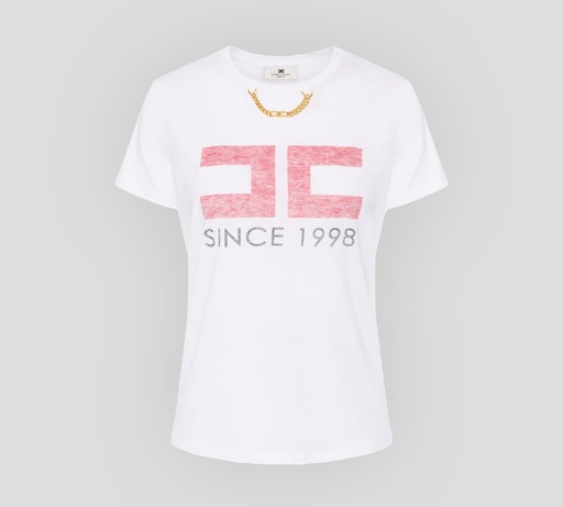 [MA03351E2-270] Elisabetta Franchi - FRANELA BLANCA CON CADENA Y LOGO EN ROJO