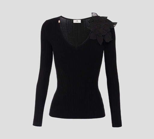 [MK56B51E2-110] Elisabetta Franchi - BLUSA NEGRA MANGA LARGA CON FLOR EN EL CUELLO