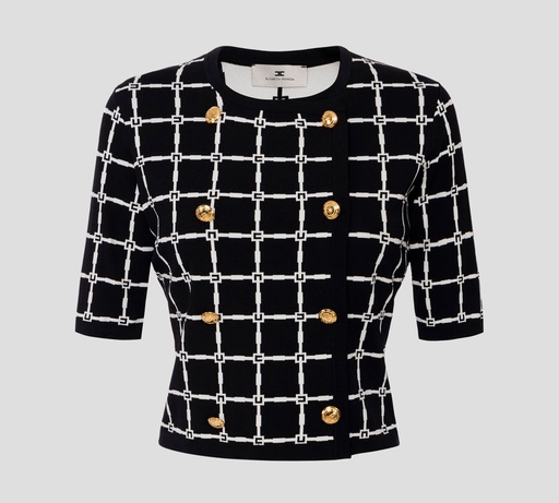 [MK60B51E2-685] Elisabetta Franchi - BLUSA NEGRA CON PATRON DE LOGO BLANCO DESABROCHABLE