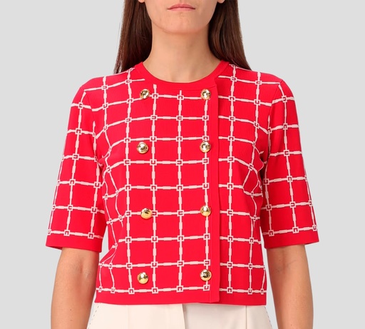 [MK60B51E2-DP7] Elisabetta Franchi - BLUSA ROJA CON PATRON DE LOGO BLANCO DESABROCHABLE