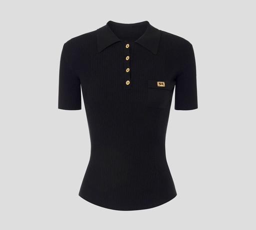 [MK63B51E2-110] Elisabetta Franchi - BLUSA NEGRA CON CUELLO Y TELA ACANALADA