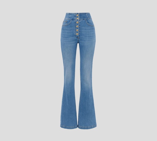 [PJ82D51E2-192] Elisabetta Franchi - BLUE JEAN CORTE ALTO DE BOTA ACAMPANADA CON BOTONERA AL FRENTE