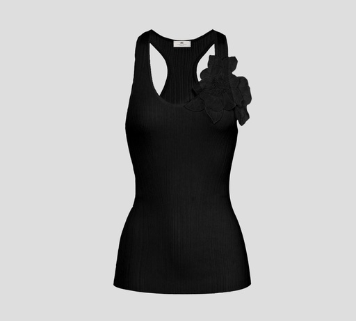[TK29B51E2-110] Elisabetta Franchi - BLUSA NEGRA CON FLOR EN EL CUELLO