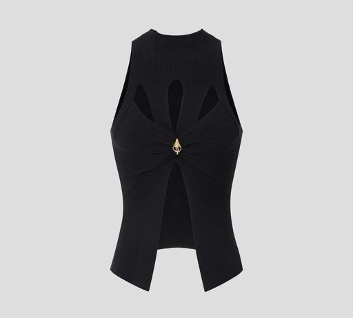 Elisabetta Franchi - BLUSA DE CANALÉ SIN MANGAS CON CUT OUT Y BROCHE DORADO