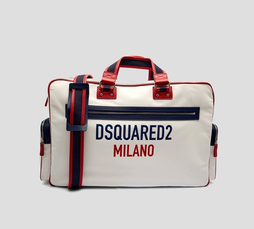 [DFM0074-16808280-M1747] Dsquared2 Icon - BOLSO VIAJERO MILANO GRANDE EN BLANCO CON AZUL Y ROJO